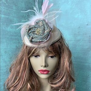 Cream pink turquoise fascinator hat